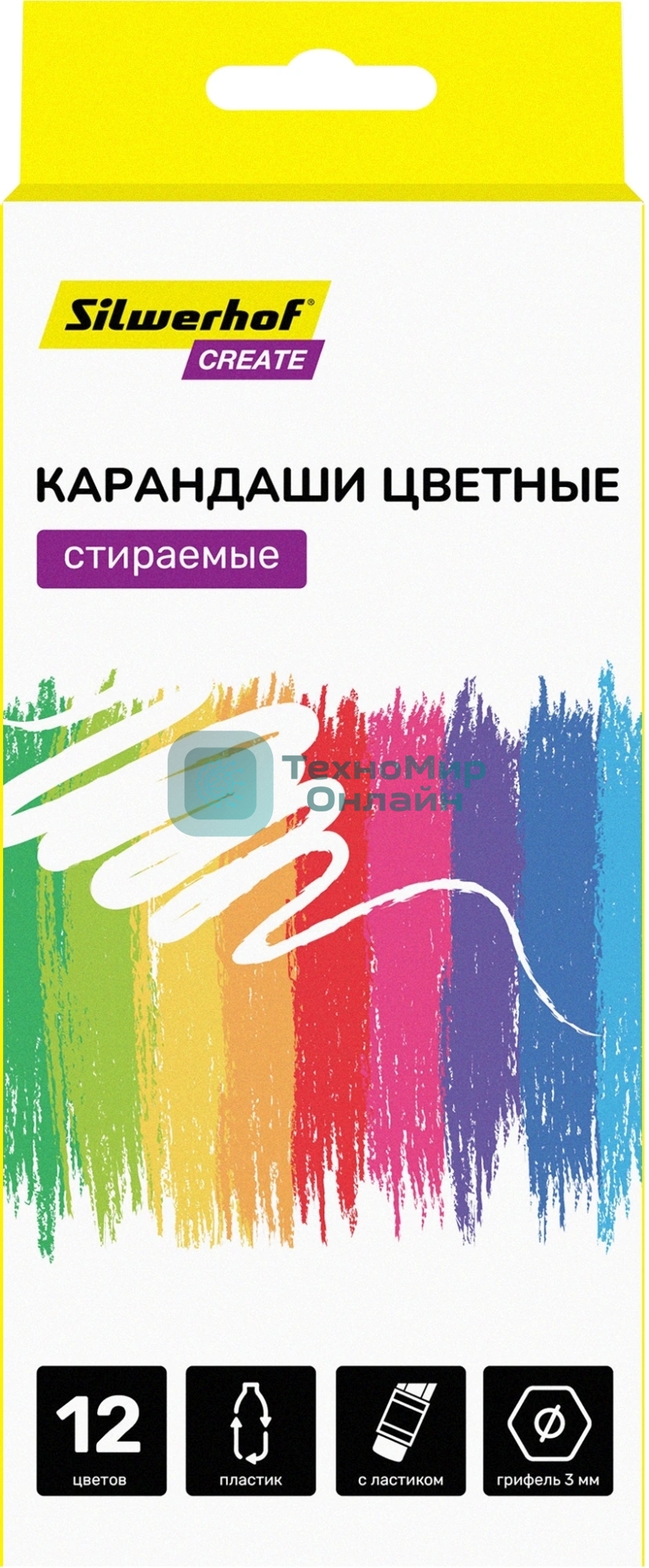 Карандаши цветные Silwerhof Create 3мм, шестигранный профиль, пластик, ассорти, 12 цветов, коробка с европодвесом ластик