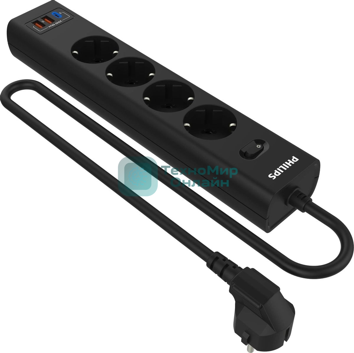 Сетевой фильтр Philips CHP4346BA/51, 2м, 4 розетки, черный