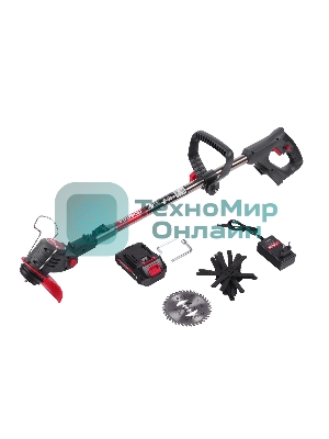 Триммер аккумуляторный Победа ТА 200, 20/21В, с 1 акб 1,5Ач и зу, макс 145мм, пластик. ножи (10шт) + мет. диск 40Т, телескоп