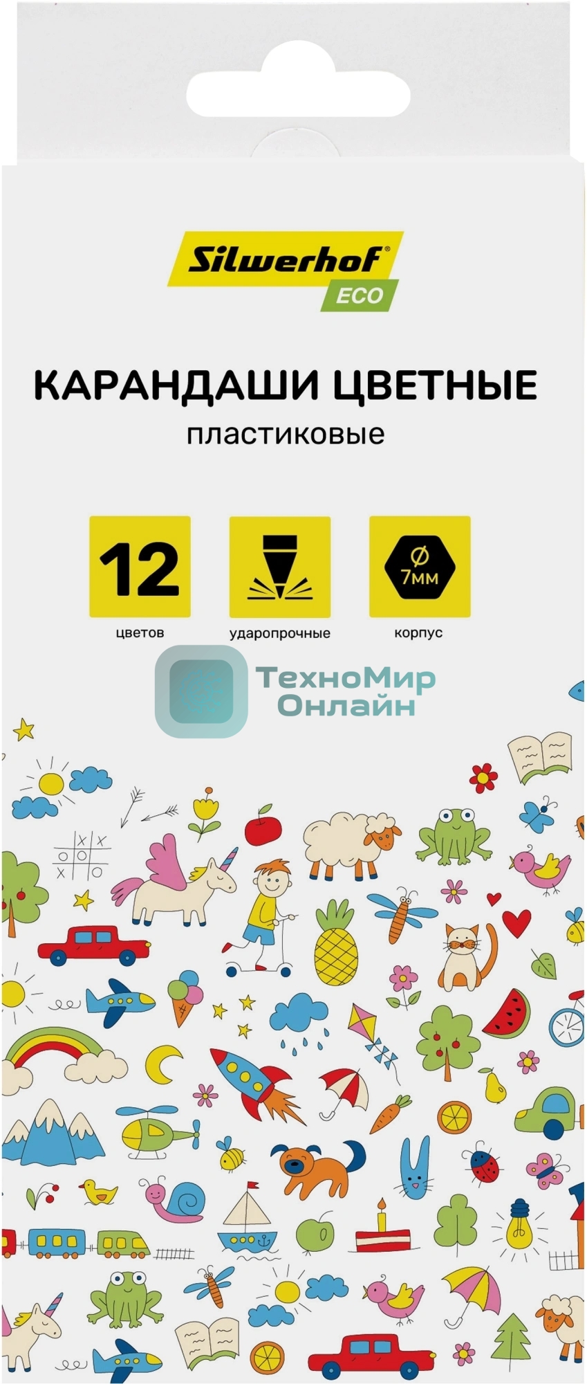 Карандаши цветные Silwerhof Eco 2.6 мм, шестигранный профиль, пластик, ассорти, 12 цветов, коробка с европодвесом