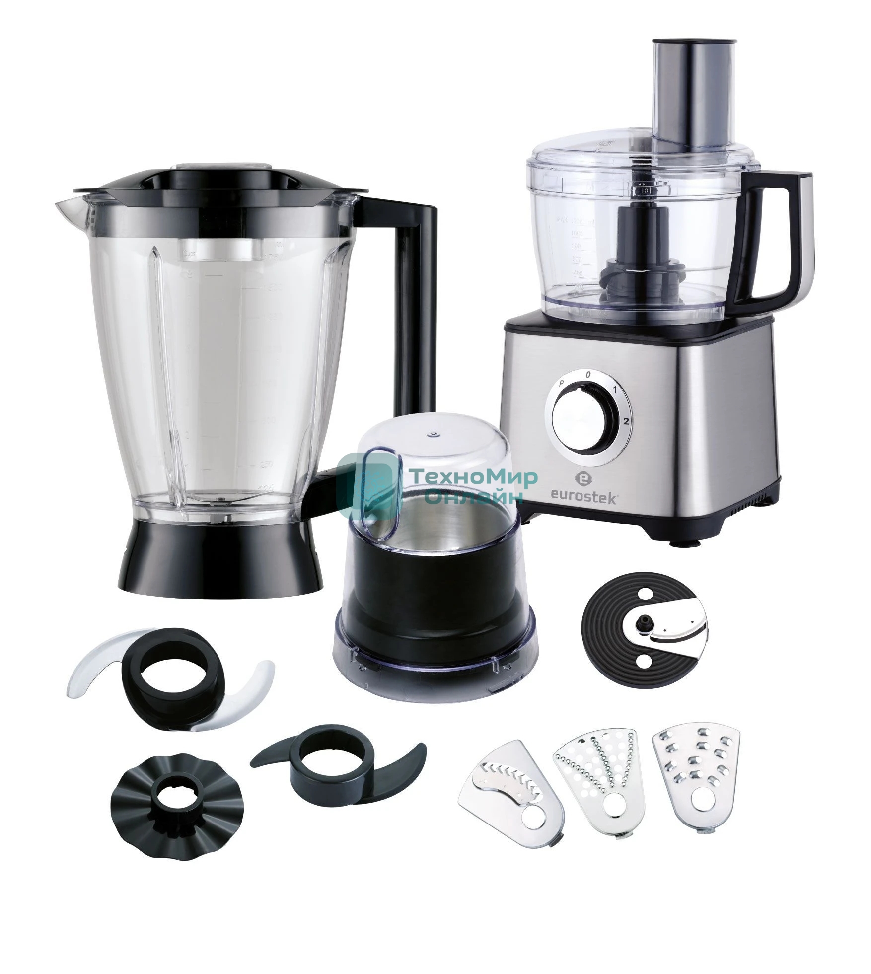 Кухонный комбайн Eurostek EFP-2059 Максимальная мощность 800Вт; металлический корпус, 2скорости + режим 