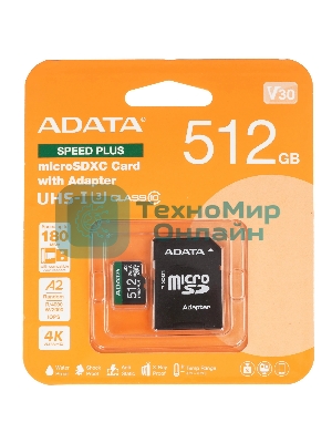 Флеш карта microSD ADATA 512Gb microSDXC Class 10 UHS-I U3 V30 A2 180/160 MB/s (SD адаптер)