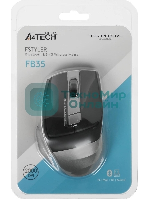Мышь беспроводная A4Tech Fstyler FB35 серый, 2000 dpi, радиоканал, Bluetooth, USB, кнопки - 6