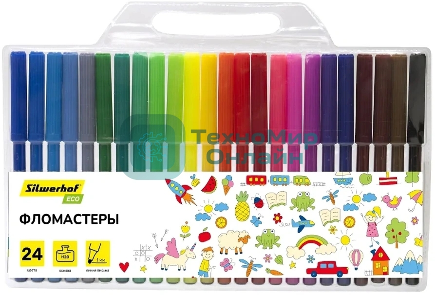 Фломастеры Silwerhof Eco 7.5мм 125мм, вентилируемый колпачок, 24 цвета, пакет с европодвесом
