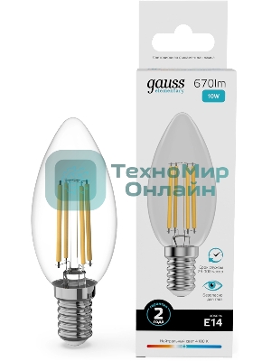 Лампа филам. Gauss Filament 10Вт цок.:E14 свеча св.свеч.бел.нейт. (упак.:10шт) (32120)