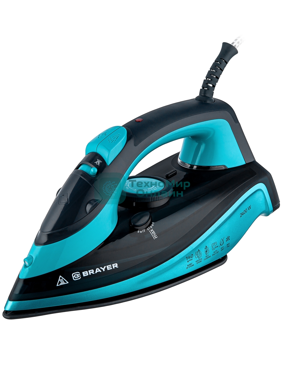 Утюг BRAYER BR4019 голубой/черный, 2400 Вт, 25 г/мин, 140 г/мин, 320 мл