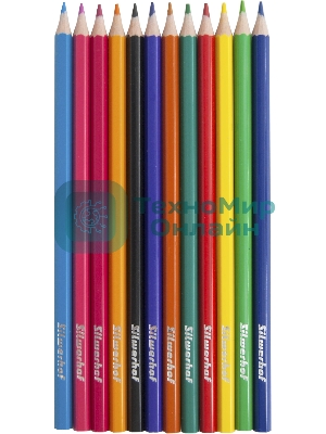 Карандаши цветные Silwerhof Eco 2.6 мм, шестигранный профиль, пластик, ассорти, 12 цветов, коробка с европодвесом