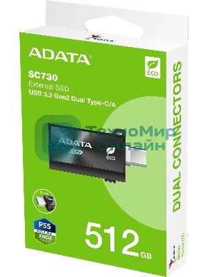 Внешний SSD ADATA SC730, 512 Gb, USB 3.2 Gen 2 Type-A/Type-C, R/W 600/600, черный