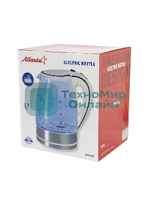 Чайник Atlanta, ATH-691 белый, стекло Стекло, 2,0л, 2000 Вт, иллюминация, быстрое закипание, фильтр от накипи, защита от перегрева.