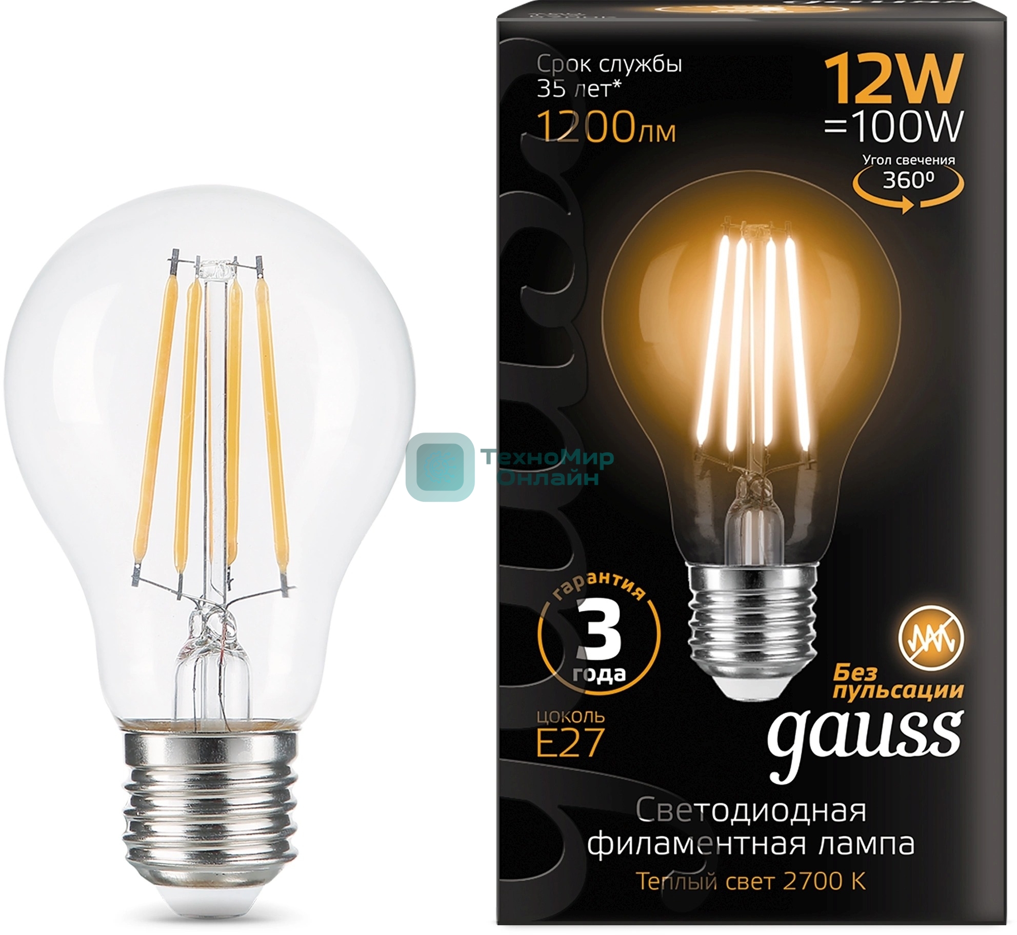 Лампа светодиодная Gauss Filament 102902112 12Вт цок.: E27 груша 185B св. свеч. белый теп. грушевидная (упак.: 10 шт)