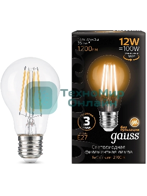 Лампа светодиодная Gauss Filament 102902112 12Вт цок.: E27 груша 185B св. свеч. белый теп. грушевидная (упак.: 10 шт)