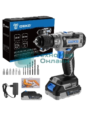 Дрель-шуруповерт Deko DKCD20V ONE+, 20 В, 2 Ач, 45 Нм, щеточный