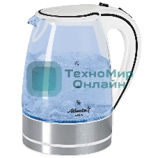 Чайник Atlanta, ATH-691 белый, стекло Стекло, 2,0л, 2000 Вт, иллюминация, быстрое закипание, фильтр от накипи, защита от перегрева.