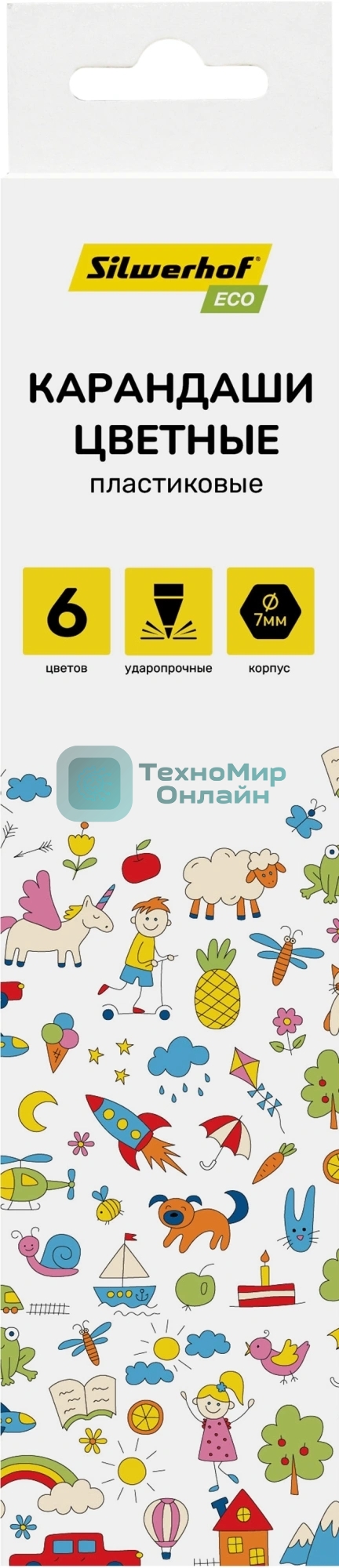 Карандаши цветные Silwerhof Eco 2.6 мм, шестигранный профиль, пластик, ассорти, 6 цветов, коробка с европодвесом