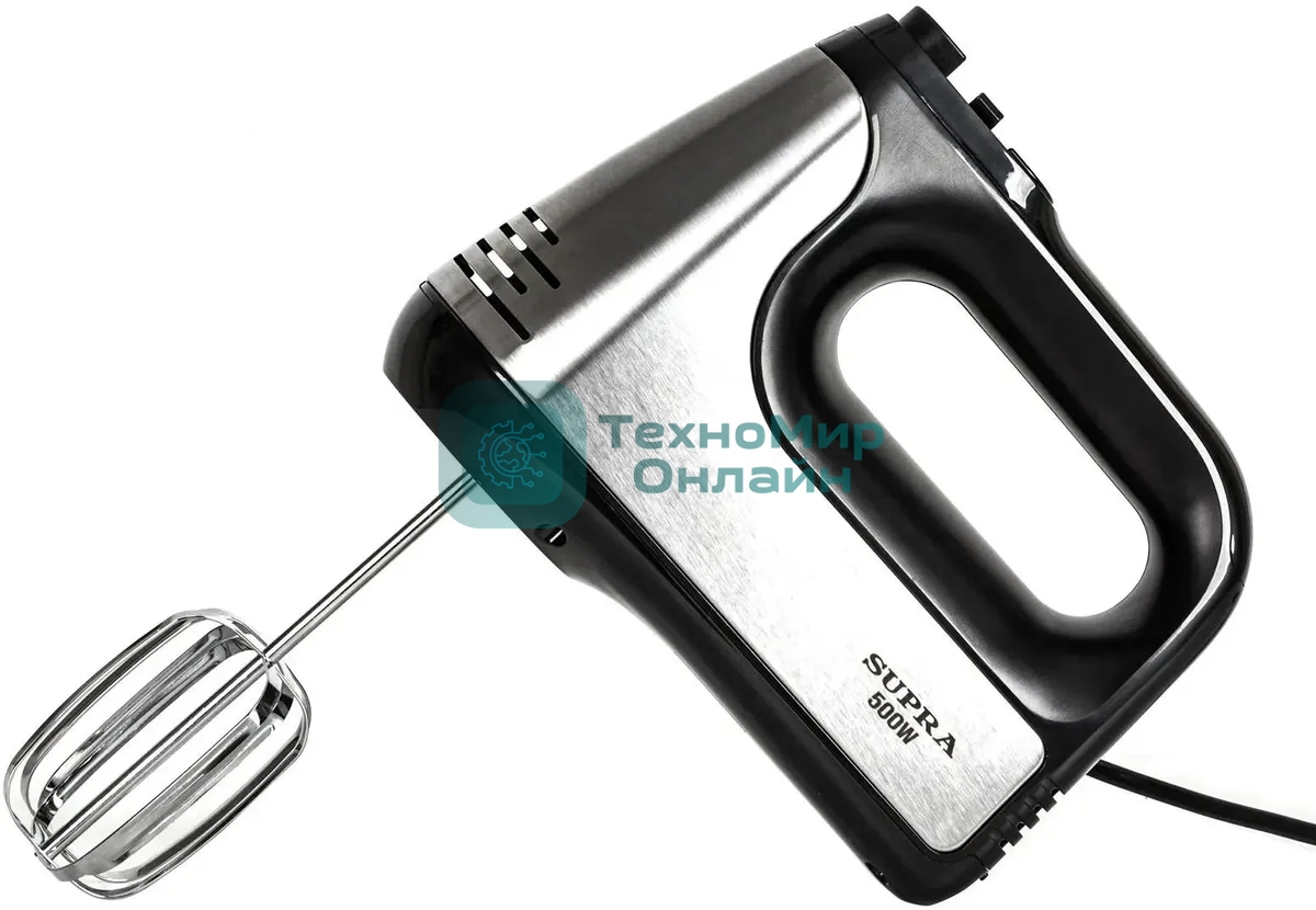 Миксер SUPRA MXS-591 500 Вт, 6 скоростей, режим Турбо, насадки для взбивания яиц и крема, насадки для замеса тяжелого теста, корпус металл/пластик, черный)