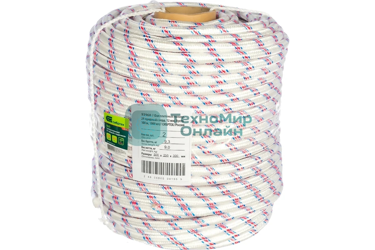 Фал плетеный Сибртех 24-прядный полипропиленовый с сердечником 12 мм, бухта 100 м, 1000 кгс,