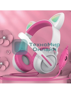 Гарнитура QUMO Game Cat белый/розовый, проводная, USB, подсветка
