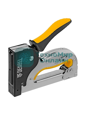 Степлер Denzel металл., скобы в комплекте, плавная регулировка удара, 2К рукоятка, тип 53, 4-14 мм