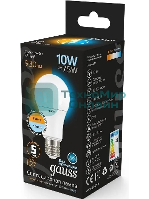 Лампа светодиодная LED Gauss A60 E27 10Вт 2700К/4100К CTC
