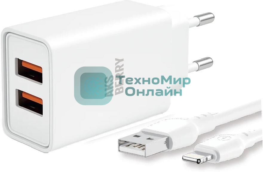Зарядное устройство Aksberry T38 2 USB 2.4A + Lightning, белый