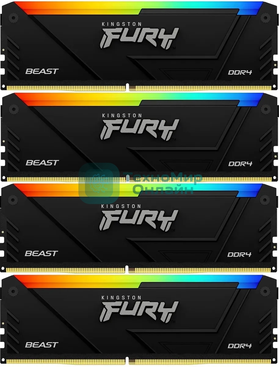 Оперативная память Kingston Fury Beast, DDR4, 32GB (4x8GB), 3200MHz, CL16, DIMM, с радиатором, RGB, черный