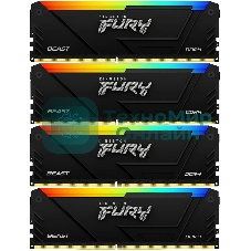 Оперативная память Kingston Fury Beast, DDR4, 32GB (4x8GB), 3200MHz, CL16, DIMM, с радиатором, RGB, черный