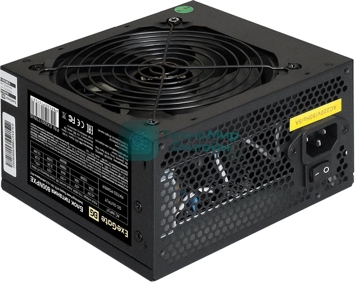 Блок питания ExeGate 800NPXE, 800W, (ATX, PPFC, PC, 12cm fan, 24pin, (4+4)pin, 2xPCI-E, 5xSATA, 3xIDE, черный, кабель 220V в комплекте 1,8м)