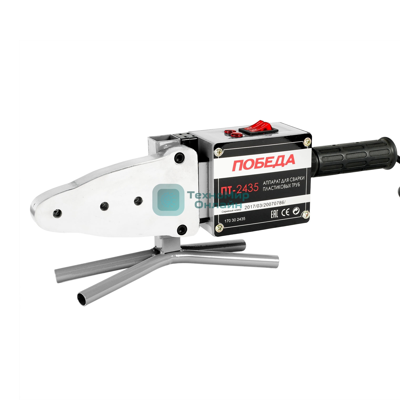 Аппарат для сварки пластиковых труб ПОБЕДА, ПТ-2435, 2 мощных нагревательных элемента, 2435 Вт., 6 насадок, металлический кейс
