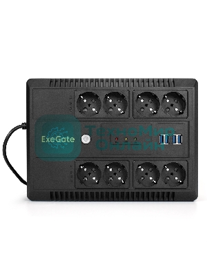 Источник бесперебойного питания ExeGate NEO NNB-650.LED.AVR.8SH.CH 650VA/390W, LED, AVR, 8*Schuko, 4*USB-порта для зарядки, черный