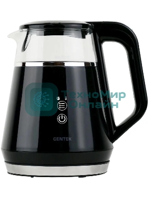 Чайник Centek CT-0019, 1100 Вт, стекло, черный и серебристый