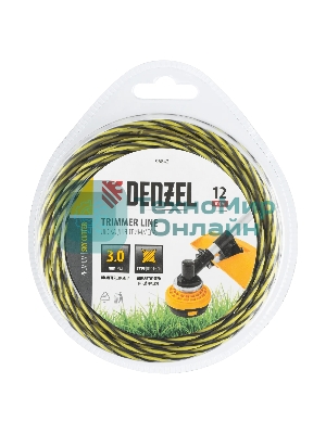 Леска для триммера Denzel двухкомпонентная витая квадратная, 3,0мм х 12м, блистер SkyCutter