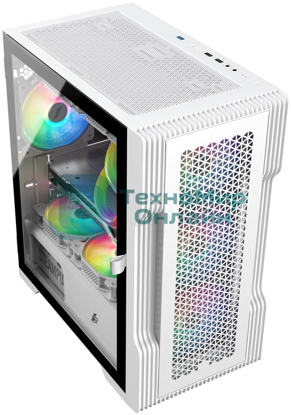 Компьютерный корпус 1STPLAYER TRILOBITE T3 белый/mATX, TG/4x 120мм LED fans inc./T3-WH-4F1-W