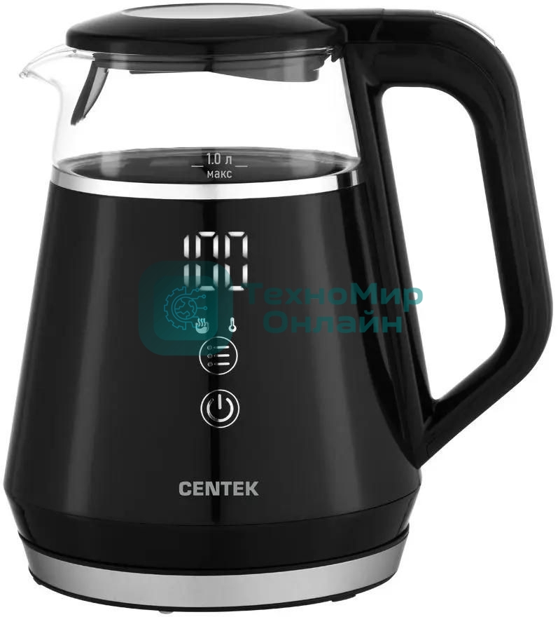 Чайник Centek CT-0019, 1100 Вт, стекло, черный и серебристый