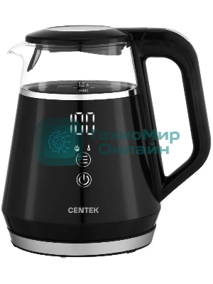 Чайник Centek CT-0019, 1100 Вт, стекло, черный и серебристый