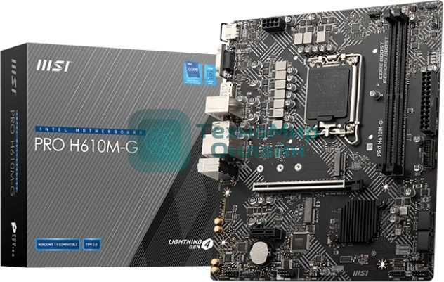 Материнская плата MSI PRO H610M-G OEM LGA 1700, Intel H610, 2xDDR5, 4xSATA, 1xM.2 (PCIe 3.0 x4), 1xPCIe 4.0 x16, 2xPCIe x1, 1xVGA, 1xHDMI, 1xDP, 1x1Gb LAN, 4xUSB-A 5Gbps, 2xUSB-A 2.0, 1xPS/2, 3x3.5 мм, 7.1, чёрный, mATX