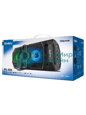 Мобильные колонки SVEN PS-655 2.0 черные (2x25W, mini Jack, USB Type-C, USB flash, Bluetooth, FM, micro SD, ПДУ, LED экран, 4400 мA, RGB подсветка)