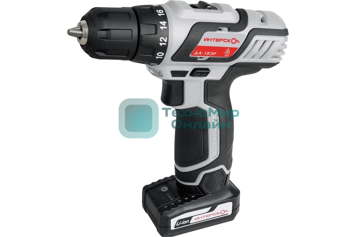 Дрель-шуруповерт ИНТЕРСКОЛ ДА-18ЭР, 18 В, 2 Ач, 35 Нм, щеточный