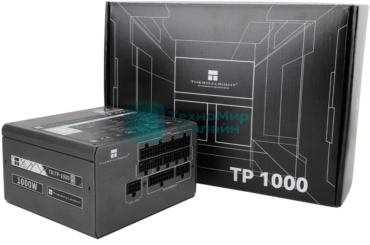 Блок питания Thermalright, 1000W 80+ Platinum (ATX, 3.0, PCIe 5.0, Full modular, 1x24(20+4)pin, 1xCPU 8(4+4)pin, 2xPCIe*2 8(6+2)pin, 1x12VHPWR PCIe 5.0 12+4pin 600мм, 6xSATA3, 4xMOLEX4pin, Active, 120x120мм, 150x140x86мм, APFC, OPP, OVP, OTP, OCP, SCP, UVP, черный)