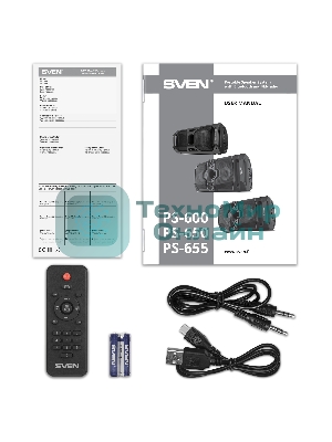 Мобильные колонки SVEN PS-655 2.0 черные (2x25W, mini Jack, USB Type-C, USB flash, Bluetooth, FM, micro SD, ПДУ, LED экран, 4400 мA, RGB подсветка)