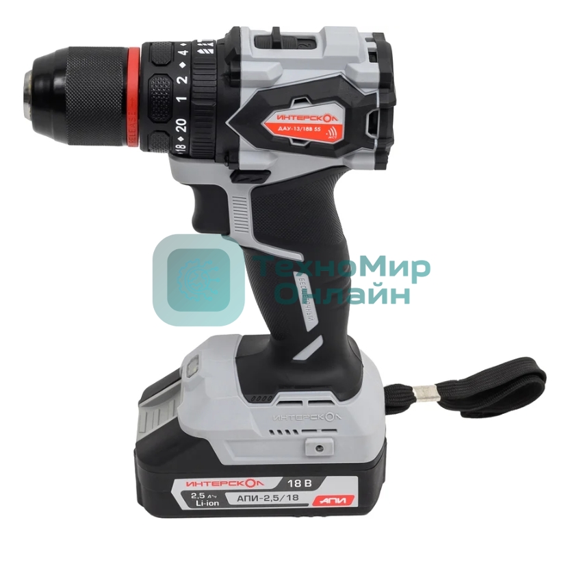 Дрель-шуруповерт ИНТЕРСКОЛ ДАУ-13/18В 55, 18 В, 2,5 Ач, 55 Нм, бесщеточный, ударный