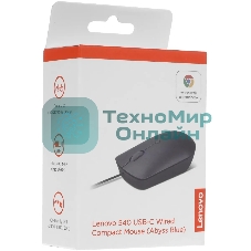 Мышь проводная Lenovo 540 синий, 2400 dpi, USB-C, кнопки - 4