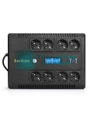 Источник бесперебойного питания ExeGate NEO Smart LHB-1000.LCD.AVR.8SH.CH.USB 1000VA/650W, LCD, AVR, 8*Schuko, USB, 4*USB-порта для зарядки, черный