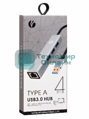 Переходник VCOM USB 3.0 -->RJ-45 1000Mbps+3 USB3.0, Aluminum Shell, 0.2м DH312A