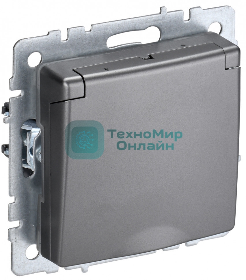 Розетка 1-местная IEK BRITE РСбш10-3-44-БрС с заземлением, с защитными шторками и крышкой, 16А, IP44, сталь