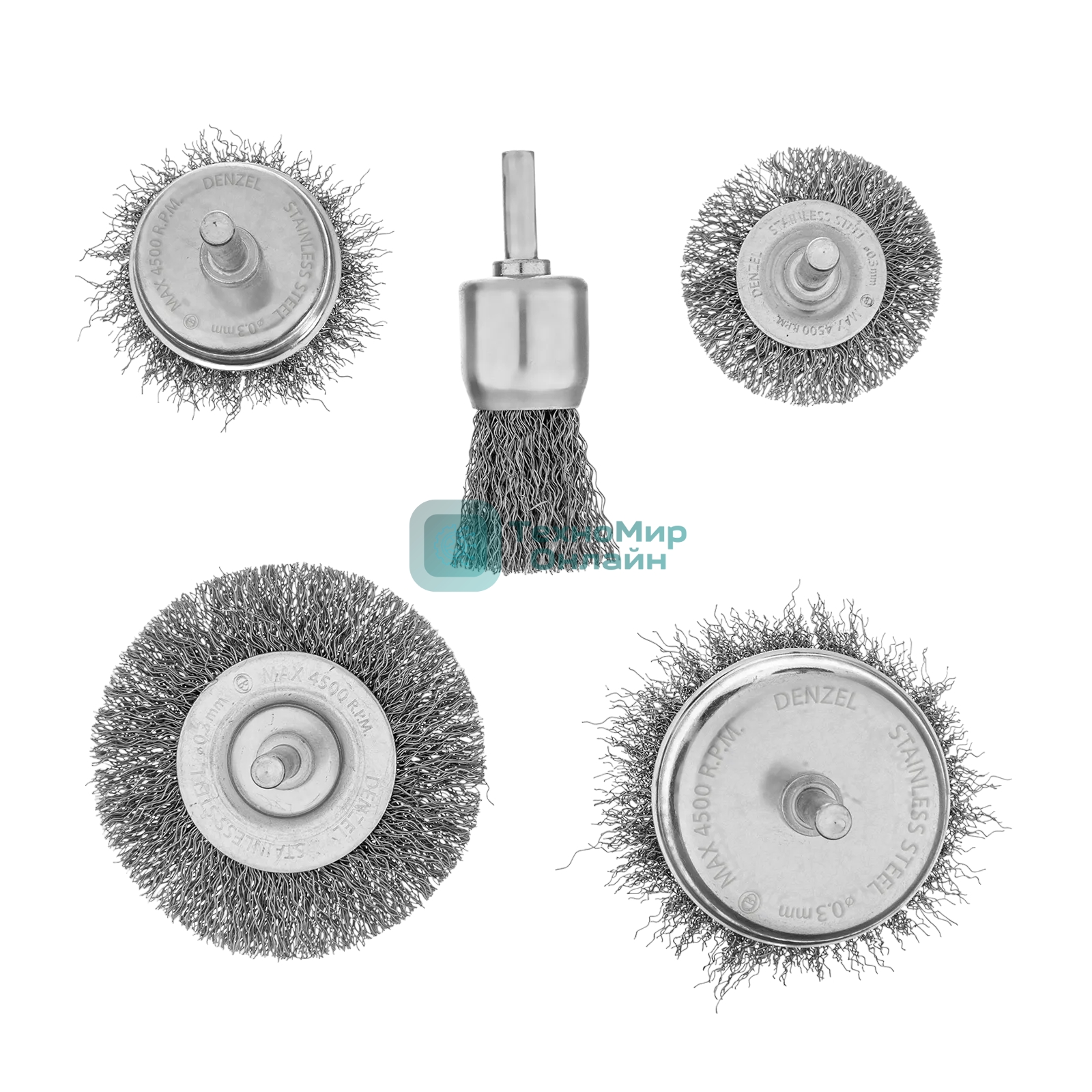 Набор щеток для дрели Denzel 2 Плоские 50-75 мм, 3 Чашки 25-50-75 мм, шпилька, нерж.вит. проволока