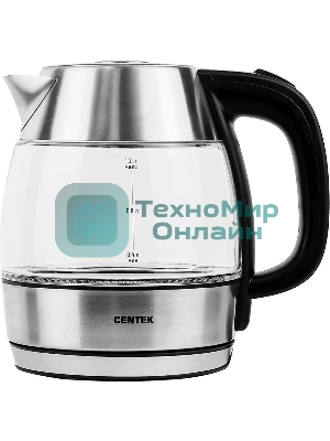 Чайник электрический Centek CT-0018, 1.2л, 1600Вт, стекло, серебристый