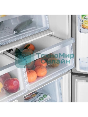 Холодильник Maunfeld MFF181NFB черный глянцевый, трехкамерный, 333/164л, морозилка сбоку, No Frost, Side by Side