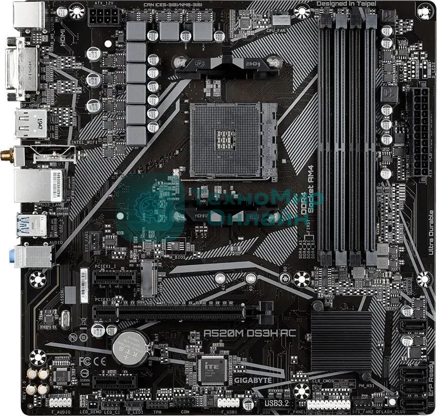 Материнская плата Gigabyte A520M DS3H AC, AM4, AMD A520, 4xDDR4, 4xSATA, 1xM.2, 1xPCIe 3.0 x16, 2xPCIe x1, 1xHDMI, 1xDP, 1xDVI-D, 1x 1Gb LAN, Wi-Fi, Bluetooth, 4xUSB-A 3.2 Gen 1, 2xUSB-A 2.0, 3x3.5 мм, 7.1, mATX