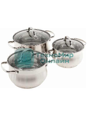 Набор посуды Kelli KL-4209 6 пред. Кастрюля с жаропрочной стекл. крышкой 2.1 л. Кастрюля с жаропрочной стекл. крышкой 3 л. Кастрюля с жаропрочной стекл. крышкой 4 л. Высококачественная нерж. сталь 18/10. 5-ти слойное капсульное дно.