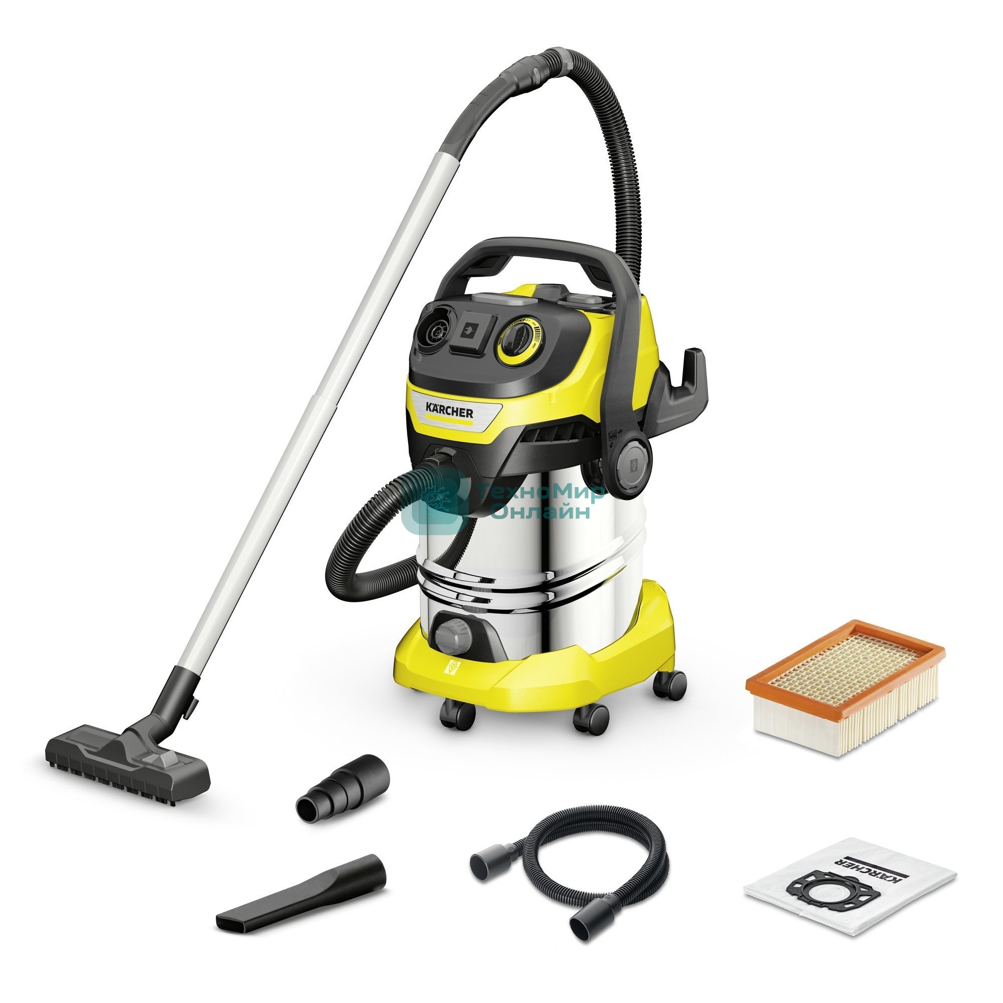 Строительный пылесос Karcher WD 6 P S V-30/8/35/T (YSY) желтый, 300/1300 Вт, уборка сухая/сбор воды, пылесборник мешок/контейнер, 30 л